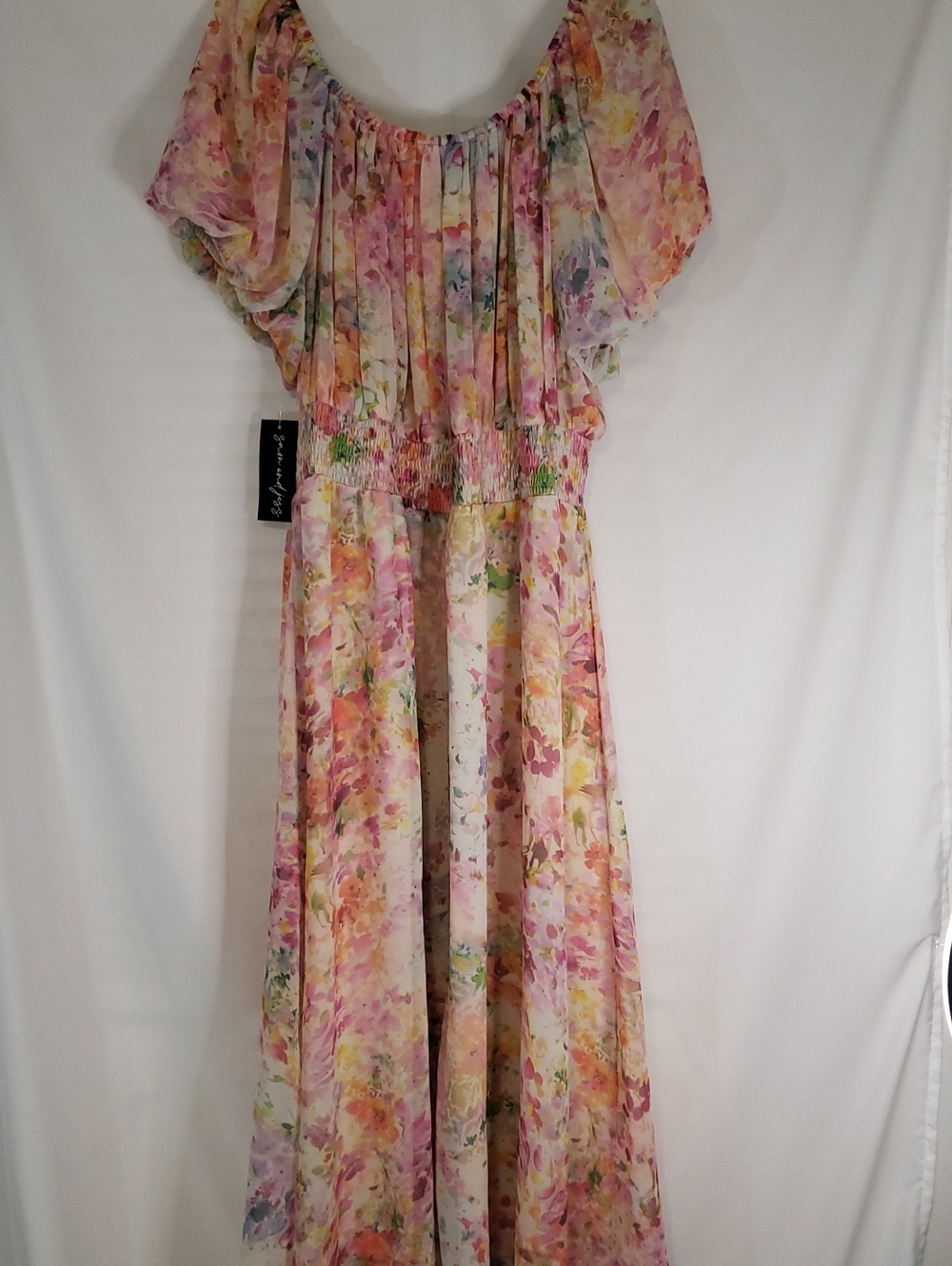 Sam and Jess Off-Shoulder Puff Sleeve Pastel Watercolor Floral Maxi Dress, 2X - Picture 8 of 11